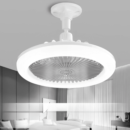 Ceiling fan with integrated LED light and remote control, featuring a sleek E27 white fixture, perfect for modern home decor and energy-efficient cooling. 0