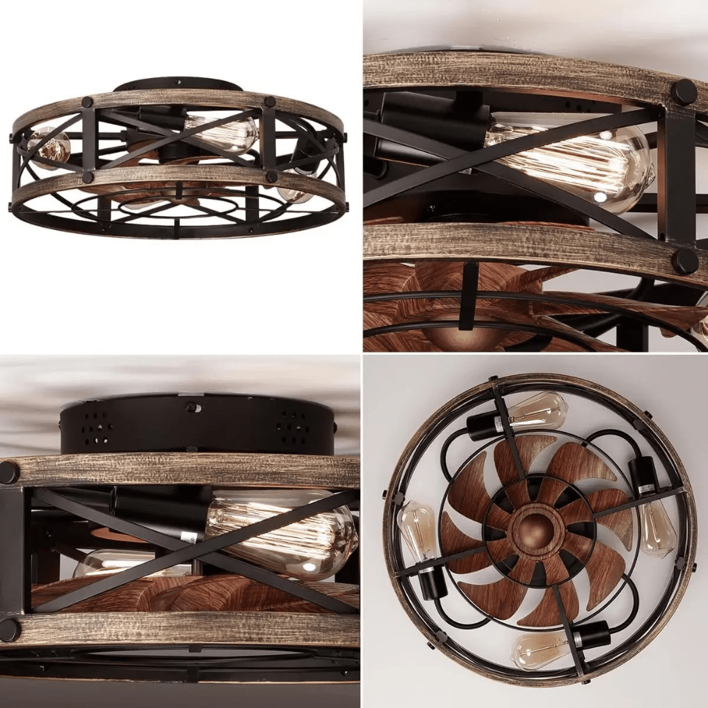 Ceiling fan with lights and remote control featuring a flush mount enclosed cage design, offering 6-speed reversible airflow for optimal comfort and style. 2