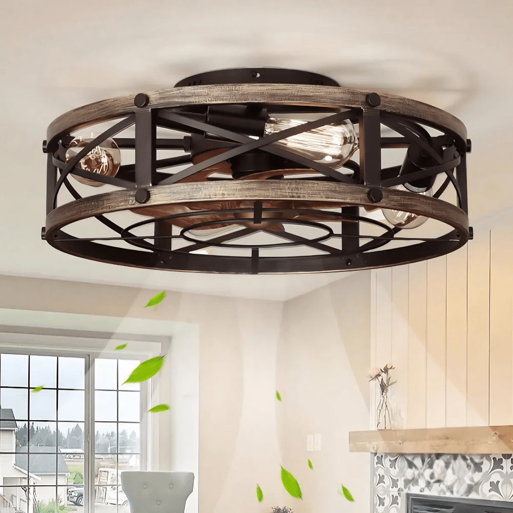 Ceiling fan with lights and remote control featuring a flush mount enclosed cage design, offering 6-speed reversible airflow for optimal comfort and style. 0