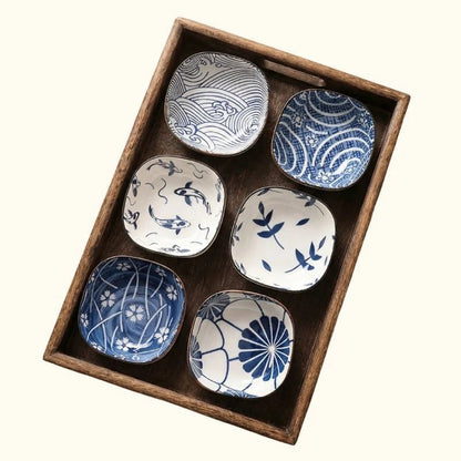 Ceramic Kobachi Bowl Set featuring square design with nature-inspired blue and white patterns, perfect for serving snacks or side dishes, and microwave safe for convenient 2