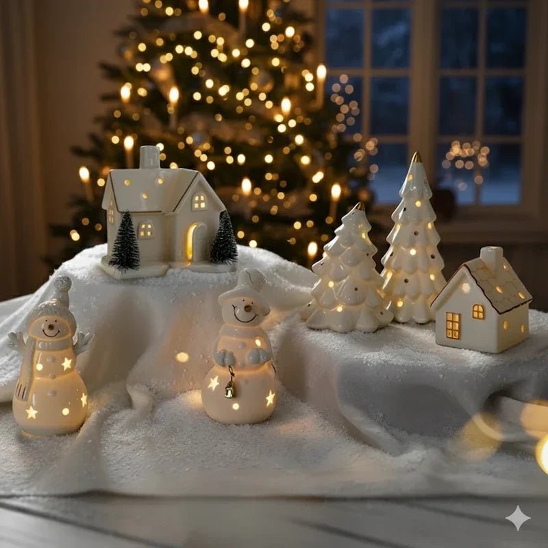 Ceramic Village Light with illuminated holiday houses, featuring intricate detailing and warm glowing lights, perfect for festive tabletop decoration. 6