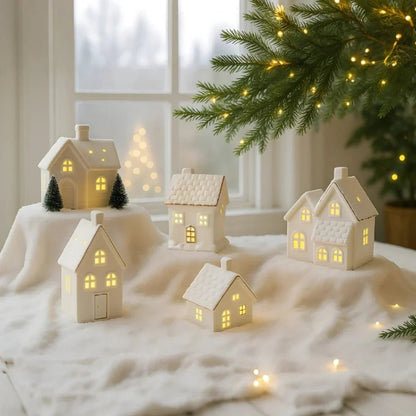 Ceramic Village Light with illuminated holiday houses, featuring intricate detailing and warm glowing lights, perfect for festive tabletop decoration. 4