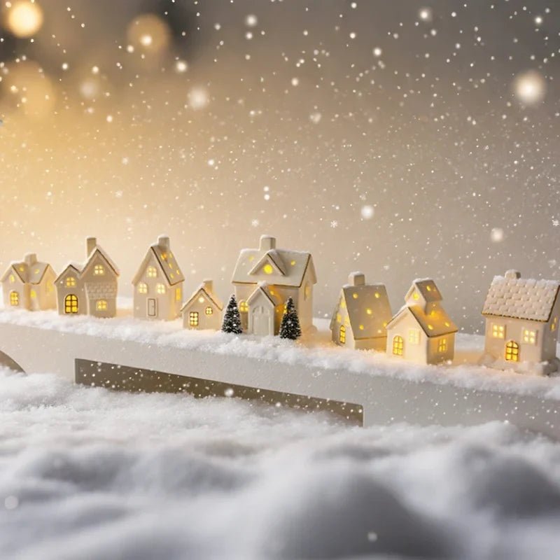 Ceramic Village Light with illuminated holiday houses, featuring intricate detailing and warm glowing lights, perfect for festive tabletop decoration. 1