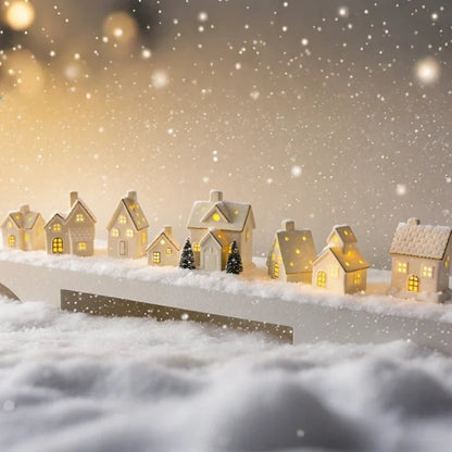 Ceramic Village Light with illuminated holiday houses, featuring intricate detailing and warm glowing lights, perfect for festive tabletop decoration. 1