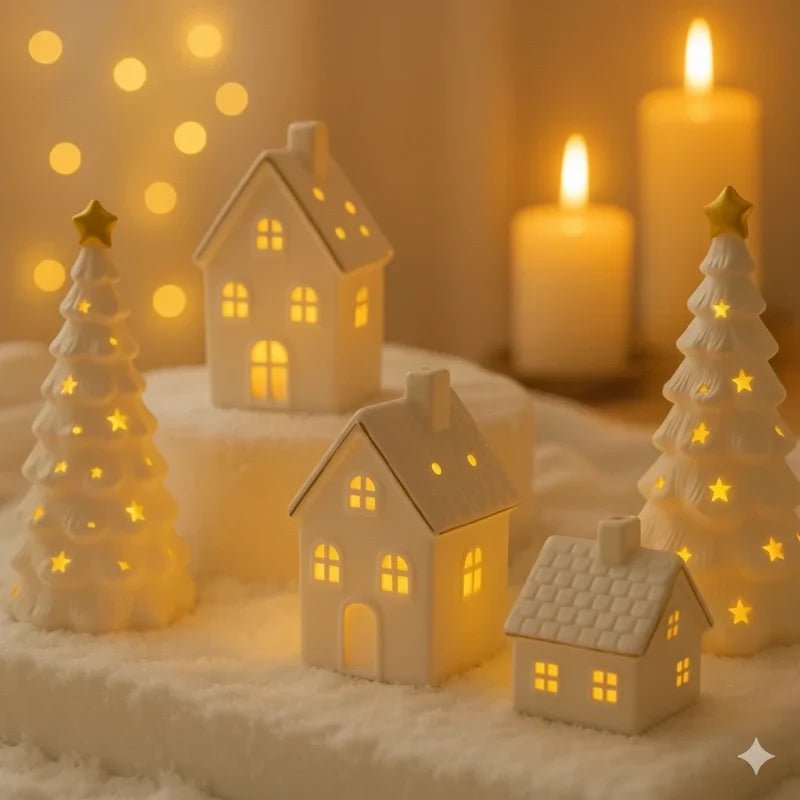 Ceramic Village Light with illuminated holiday houses, featuring intricate detailing and warm glowing lights, perfect for festive tabletop decoration. 3