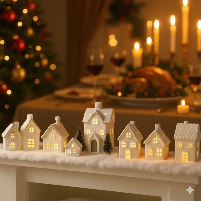 Ceramic Village Light with illuminated holiday houses, featuring intricate detailing and warm glowing lights, perfect for festive tabletop decoration. 2