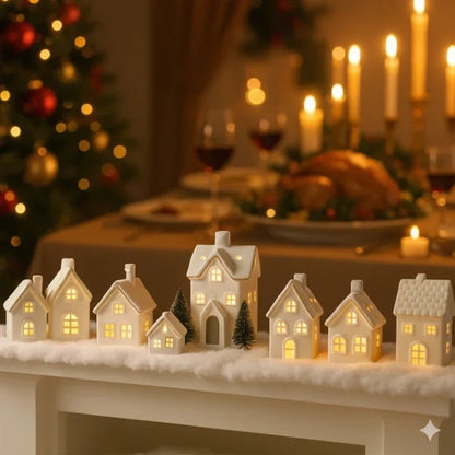 Ceramic Village Light with illuminated holiday houses, featuring intricate detailing and warm glowing lights, perfect for festive tabletop decoration. 2