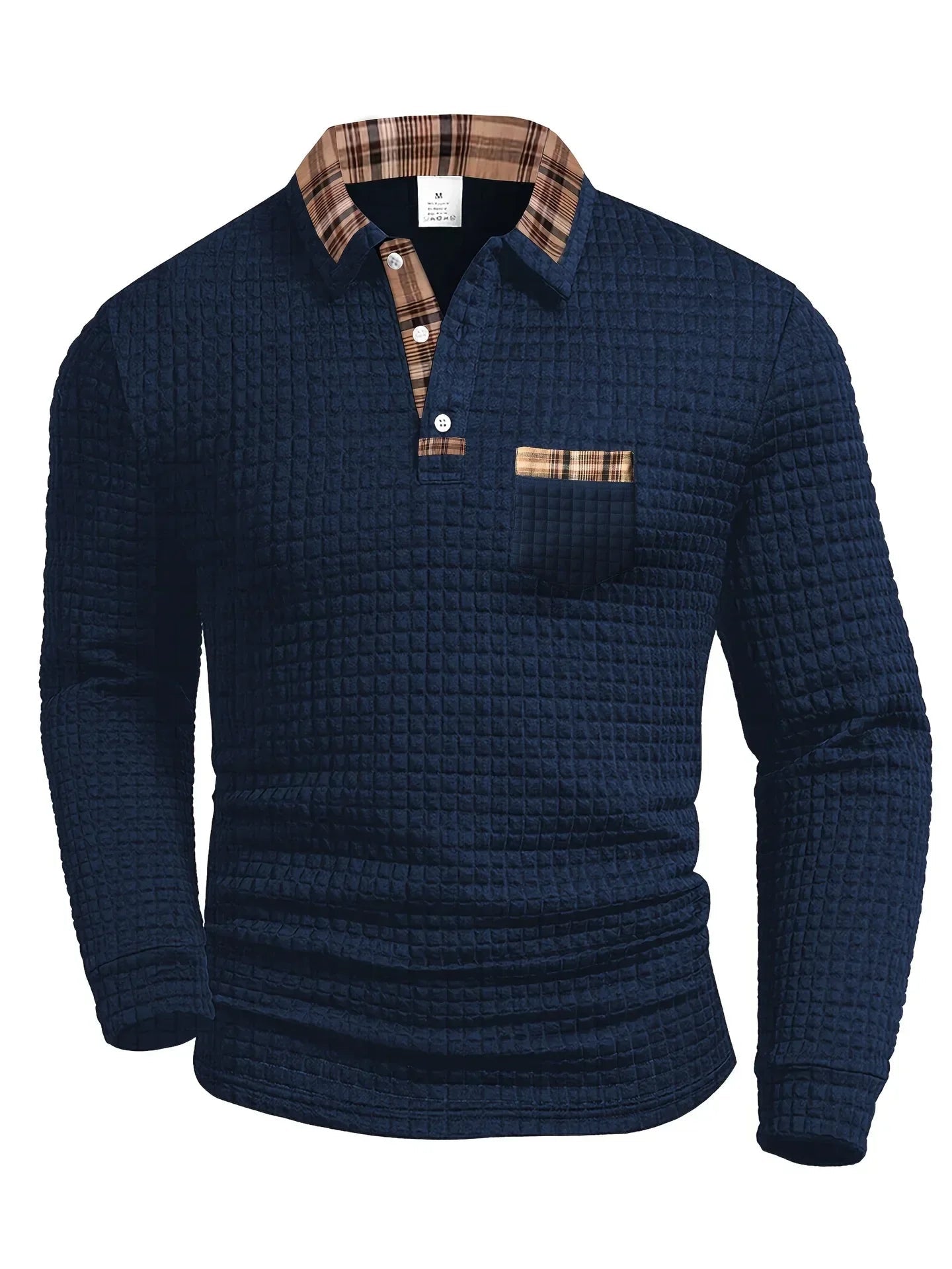 Checked polo shirt with long sleeves in a modern design, made from a comfortable cotton blend, perfect for casual or semi-formal occasions. 2
