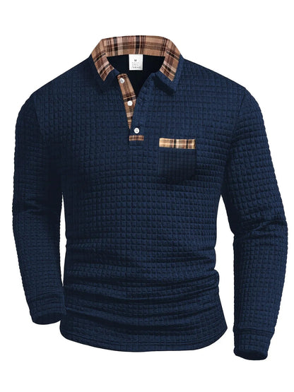 Checked polo shirt with long sleeves in a modern design, made from a comfortable cotton blend, perfect for casual or semi-formal occasions. 2