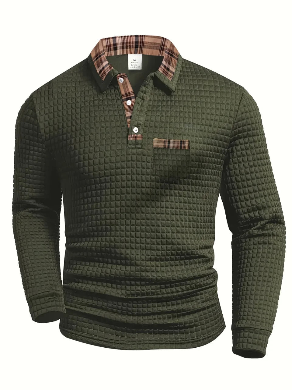 Checked polo shirt with long sleeves in a modern design, made from a comfortable cotton blend, perfect for casual or semi-formal occasions. 1