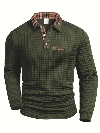 Checked polo shirt with long sleeves in a modern design, made from a comfortable cotton blend, perfect for casual or semi-formal occasions. 1