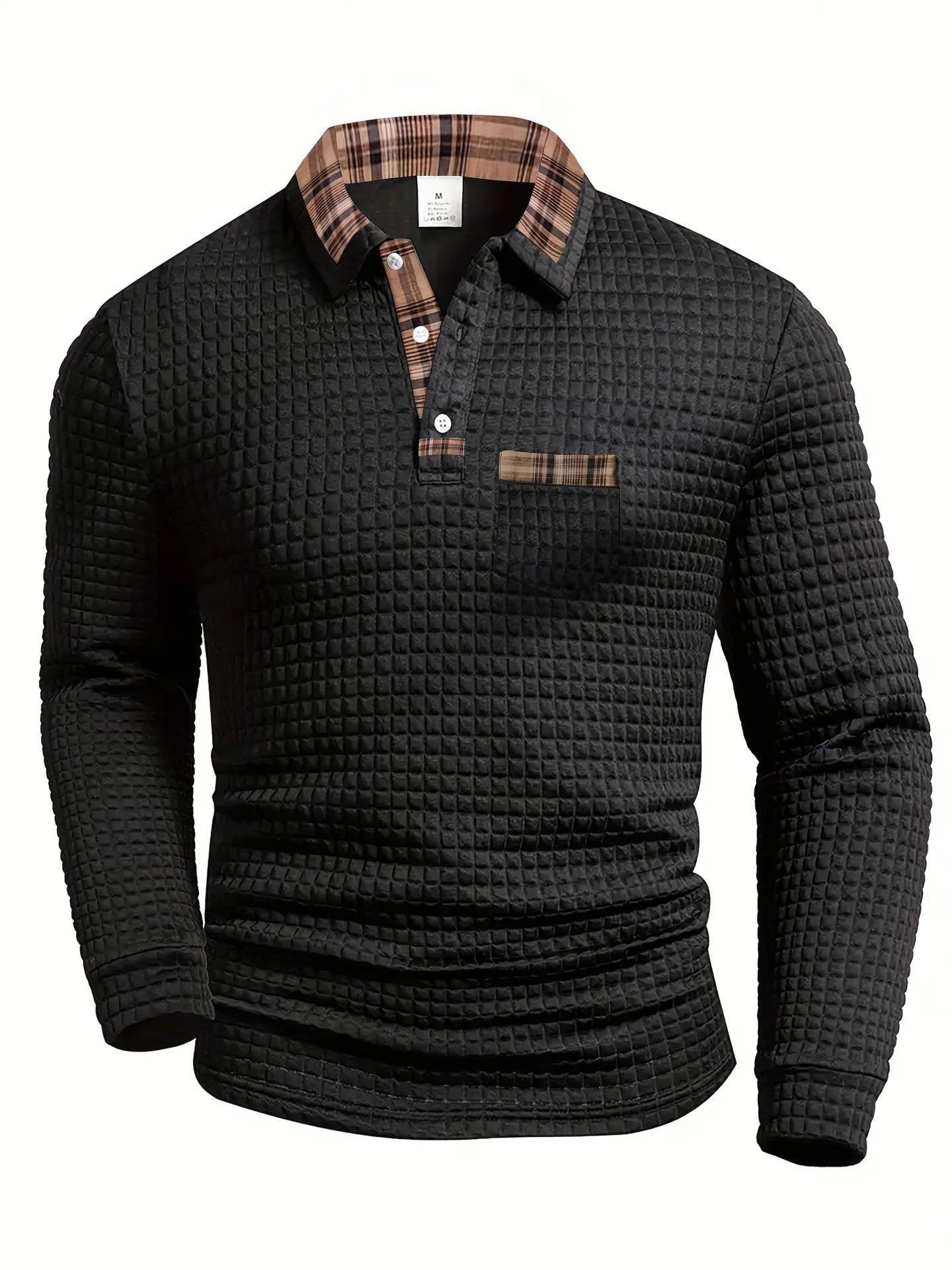 Checked polo shirt with long sleeves in a modern design, made from a comfortable cotton blend, perfect for casual or semi-formal occasions. 4