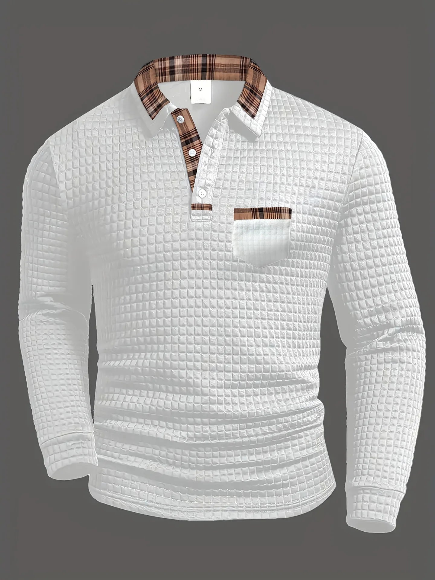 Checked polo shirt with long sleeves in a modern design, made from a comfortable cotton blend, perfect for casual or semi-formal occasions. 5