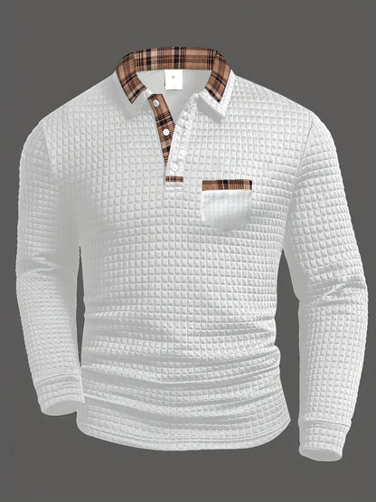 Checked polo shirt with long sleeves in a modern design, made from a comfortable cotton blend, perfect for casual or semi-formal occasions. 5