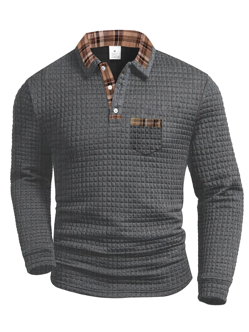 Checked polo shirt with long sleeves in a modern design, made from a comfortable cotton blend, perfect for casual or semi-formal occasions. 3