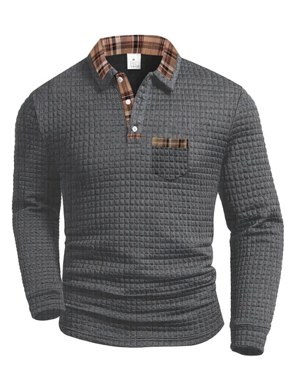 Checked polo shirt with long sleeves in a modern design, made from a comfortable cotton blend, perfect for casual or semi-formal occasions. 3