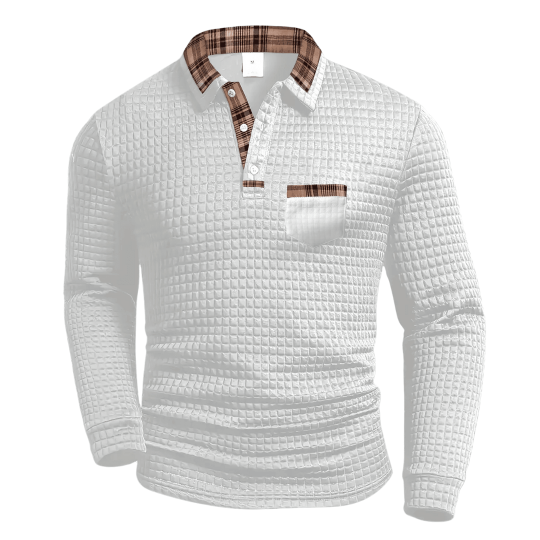 Checked polo shirt with long sleeves in a modern design, made from a comfortable cotton blend, perfect for casual or semi-formal occasions. 6