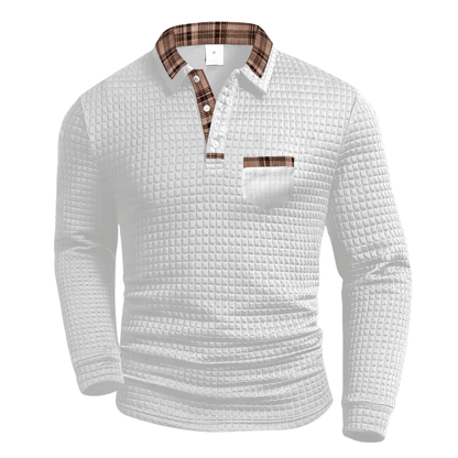 Checked polo shirt with long sleeves in a modern design, made from a comfortable cotton blend, perfect for casual or semi-formal occasions. 6
