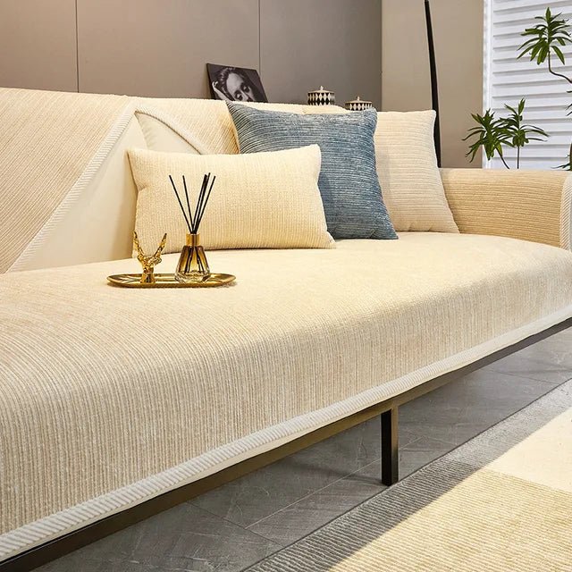 Chenille sofa cover with non-slip backing, designed for pet-friendly use and machine washable for easy cleaning, providing stylish protection for your couch. 3
