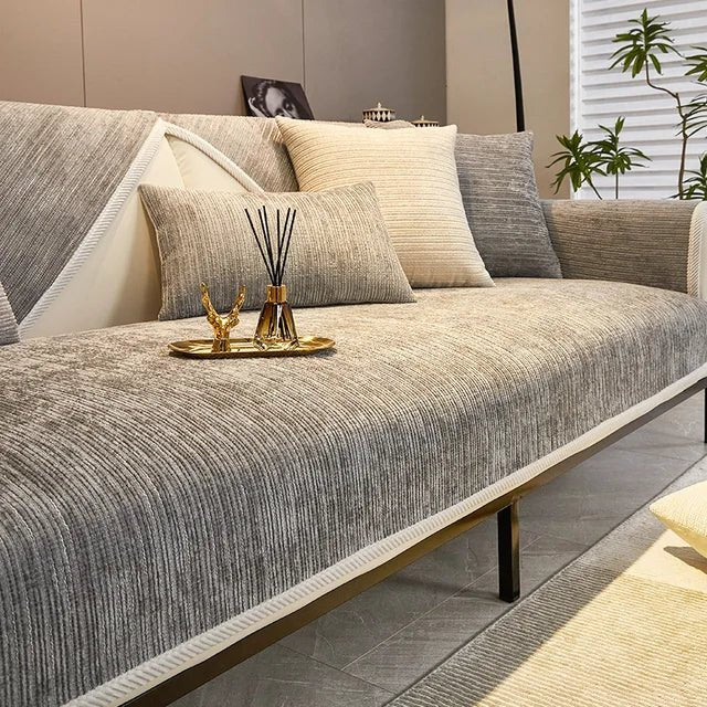 Chenille sofa cover with non-slip backing, designed for pet-friendly use and machine washable for easy cleaning, providing stylish protection for your couch. 0