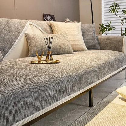 Chenille sofa cover with non-slip backing, designed for pet-friendly use and machine washable for easy cleaning, providing stylish protection for your couch. 0