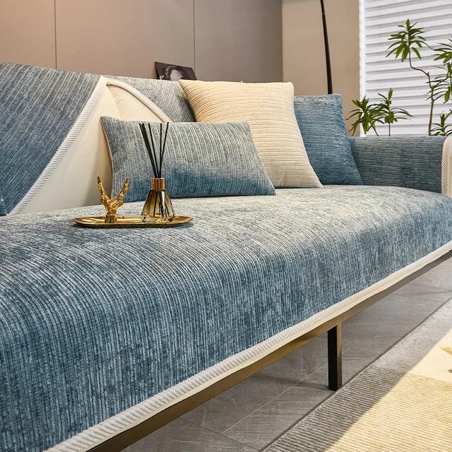 Chenille sofa cover with non-slip backing, designed for pet-friendly use and machine washable for easy cleaning, providing stylish protection for your couch. 4