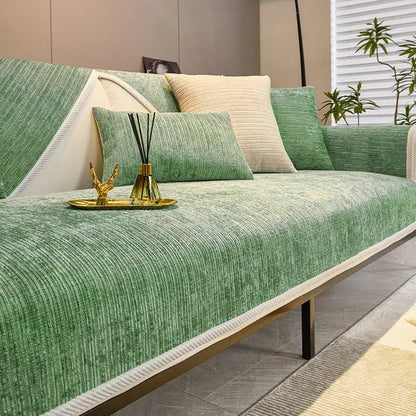 Chenille sofa cover with non-slip backing, designed for pet-friendly use and machine washable for easy cleaning, providing stylish protection for your couch. 5