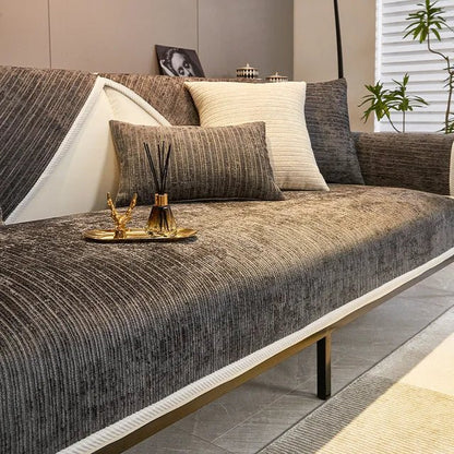 Chenille sofa cover with non-slip backing, designed for pet-friendly use and machine washable for easy cleaning, providing stylish protection for your couch. 2