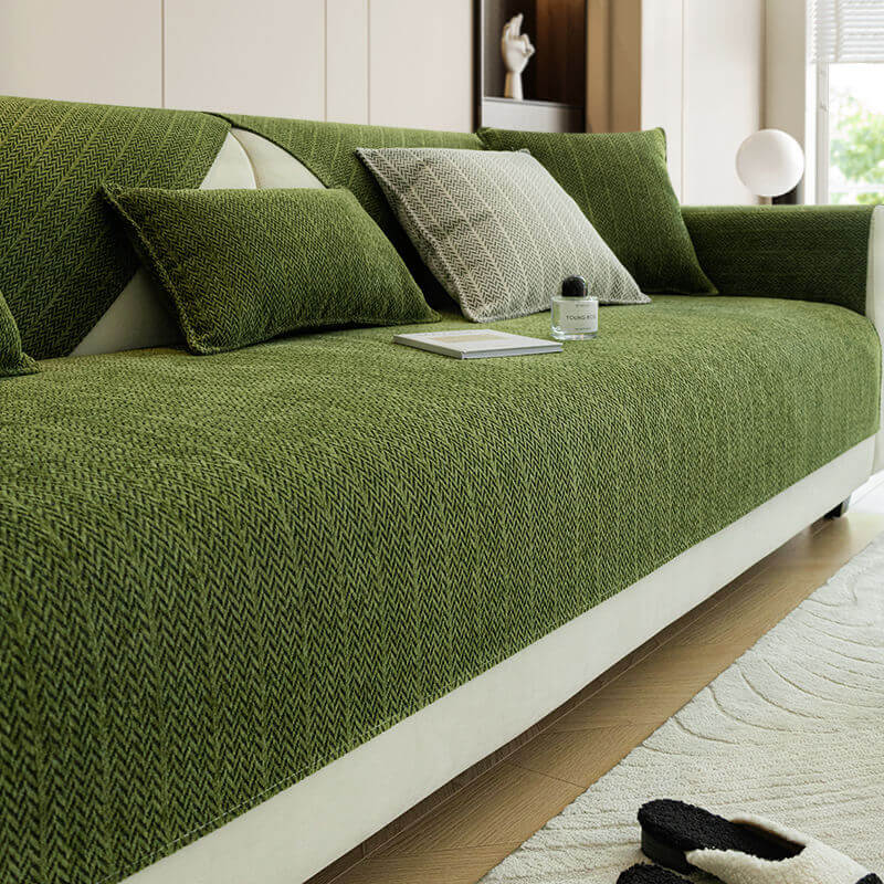 Chenille sofa cover with non-slip design, ideal for pet owners, resistant to dog hair, easy to clean, and machine washable couch slipcover. 3