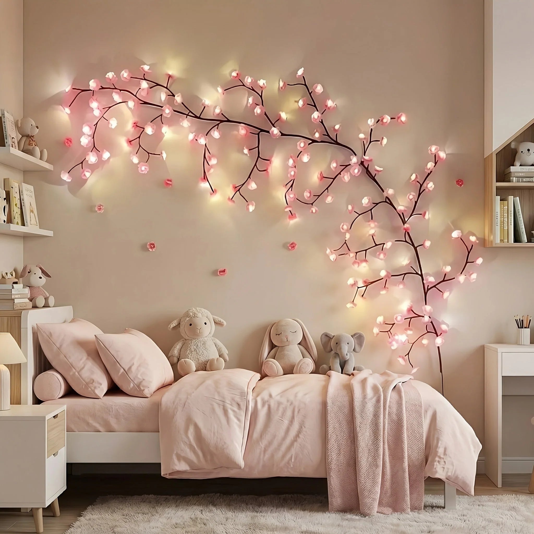 Cherry Blossom Branch Lights featuring 48 LED bulbs, USB powered with eight customizable lighting modes, perfect for decorative vine displays and enhancing home ambiance. 0