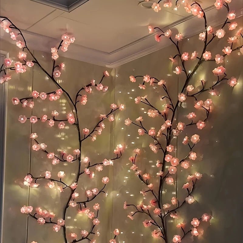 Cherry Blossom Branch Lights featuring 48 LED bulbs, USB powered with eight customizable lighting modes, perfect for decorative vine displays and enhancing home ambiance. 4