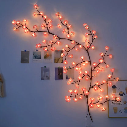 Cherry Blossom Branch Lights featuring 48 LED bulbs, USB powered with eight customizable lighting modes, perfect for decorative vine displays and enhancing home ambiance. 2