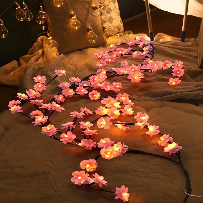 Cherry Blossom Branch Lights featuring 48 LED bulbs, USB powered with eight customizable lighting modes, perfect for decorative vine displays and enhancing home ambiance. 1