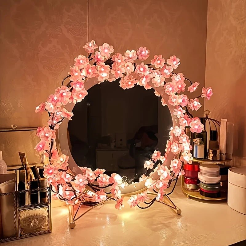 Cherry Blossom Branch Lights featuring 48 LED bulbs, USB powered with eight customizable lighting modes, perfect for decorative vine displays and enhancing home ambiance. 3