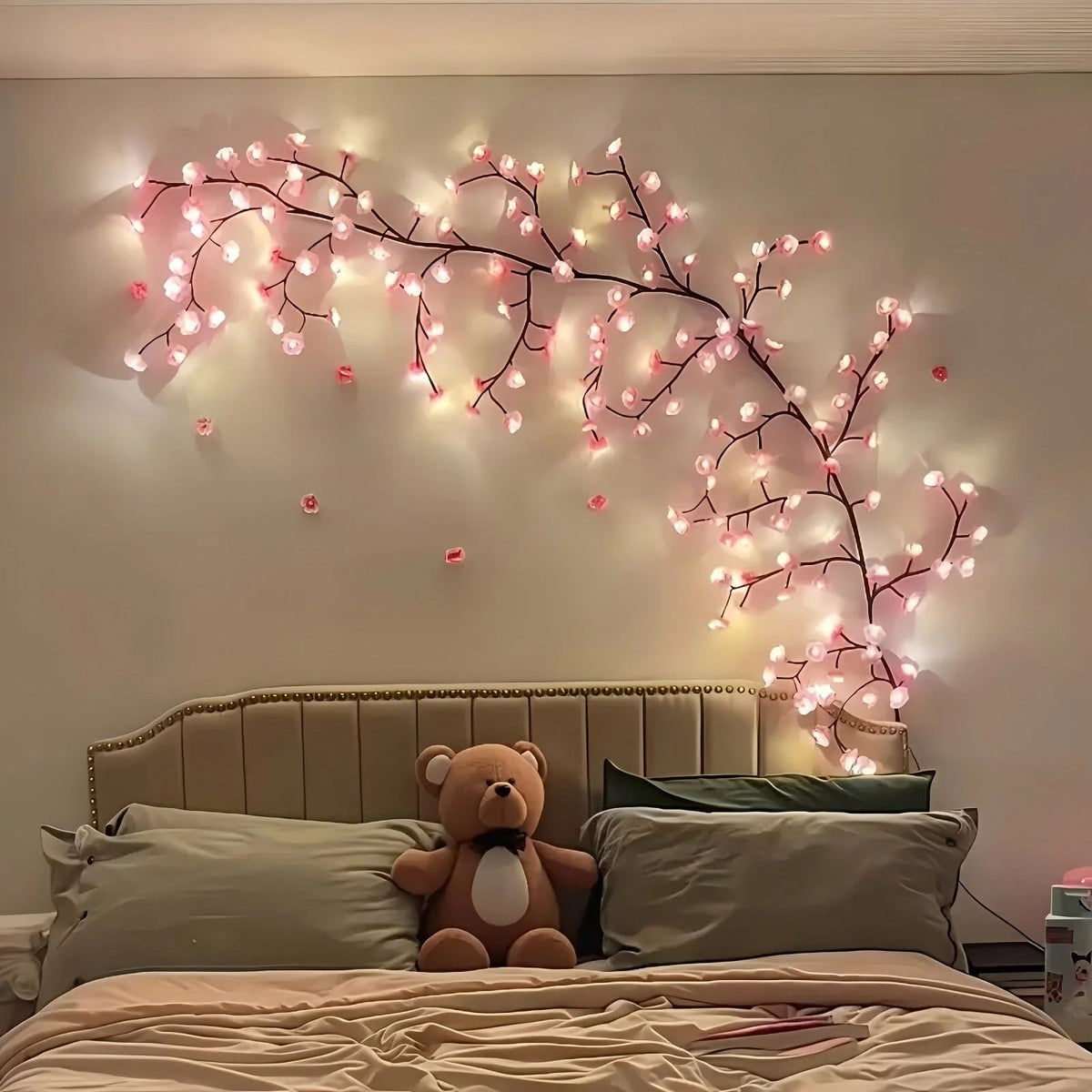 Cherry Blossom LED Vine Lights with USB Power, featuring delicate pink flowers and 8 lighting modes for a decorative floral ambiance. 2