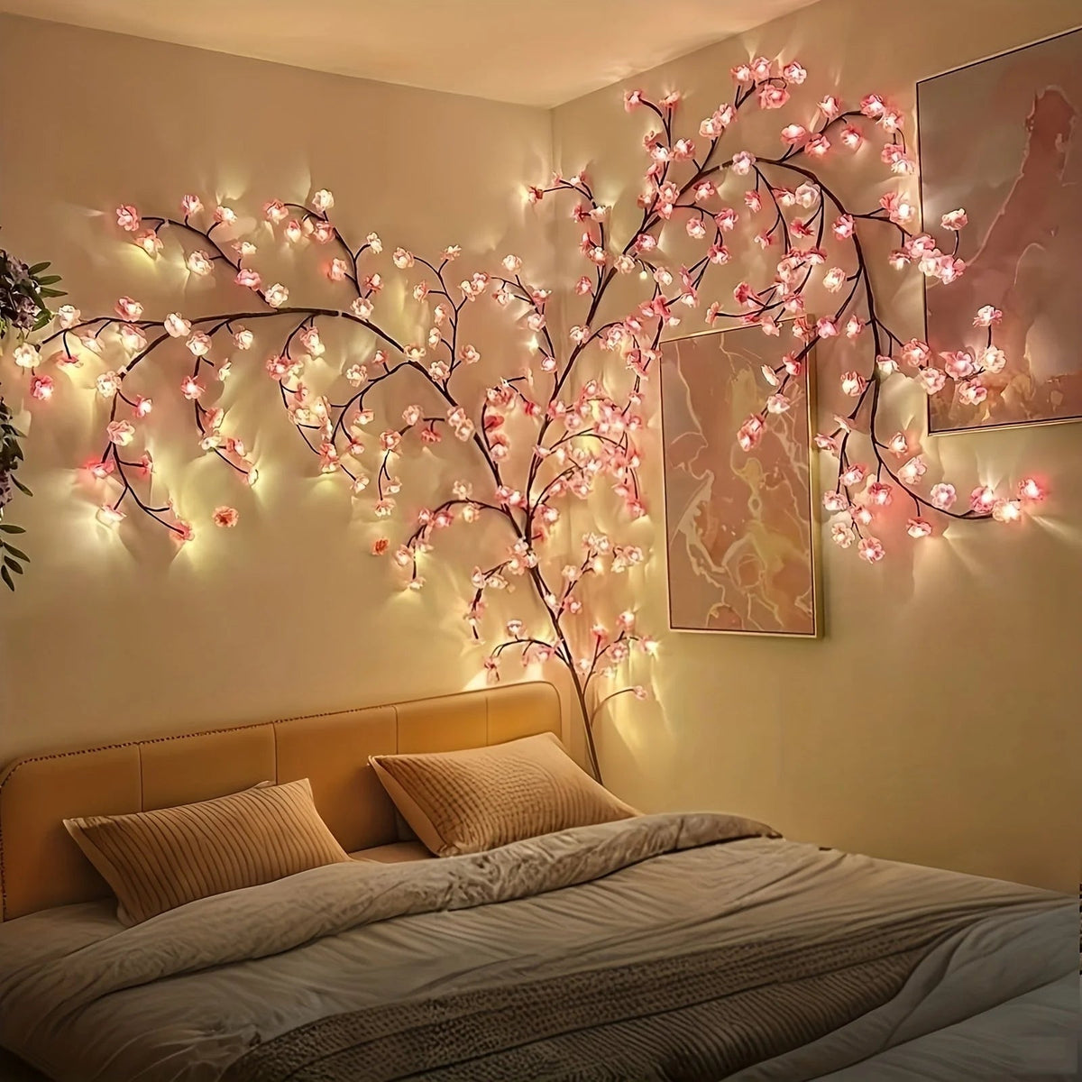Cherry Blossom LED Vine Lights with USB Power, featuring delicate pink flowers and 8 lighting modes for a decorative floral ambiance. 1