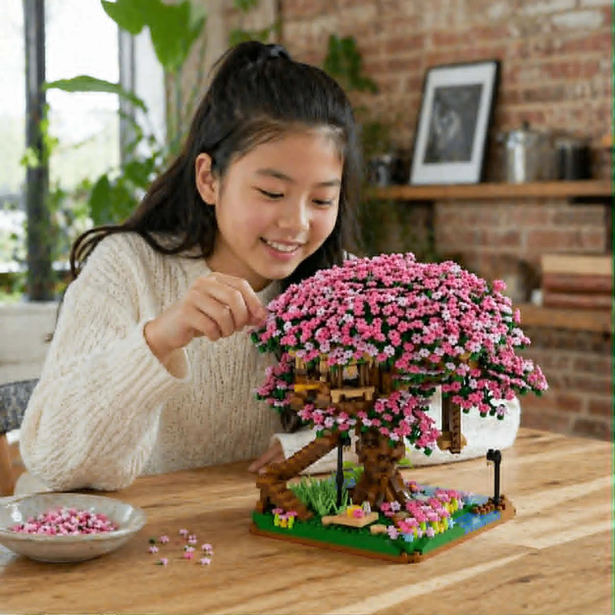 Cherry Blossom Tree House Building Blocks Set featuring 2138 pieces, made from durable ABS plastic, ideal for creative assembly by kids and collectors. 3