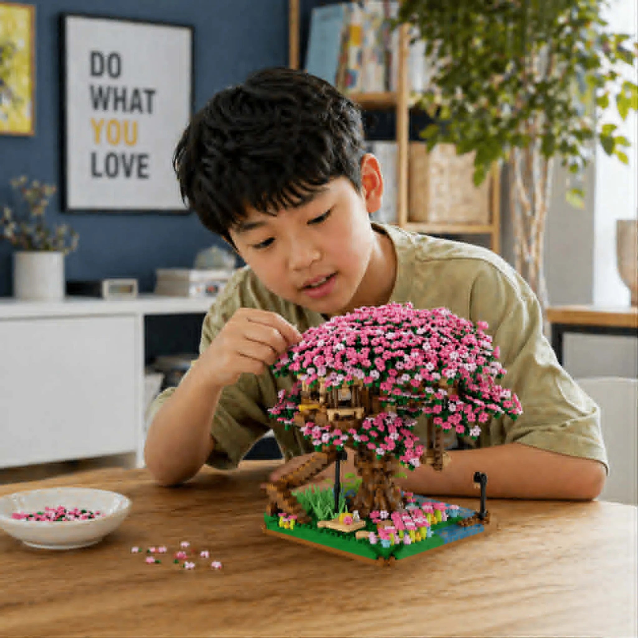 Cherry Blossom Tree House Building Blocks Set featuring 2138 pieces, made from durable ABS plastic, ideal for creative assembly by kids and collectors. 0