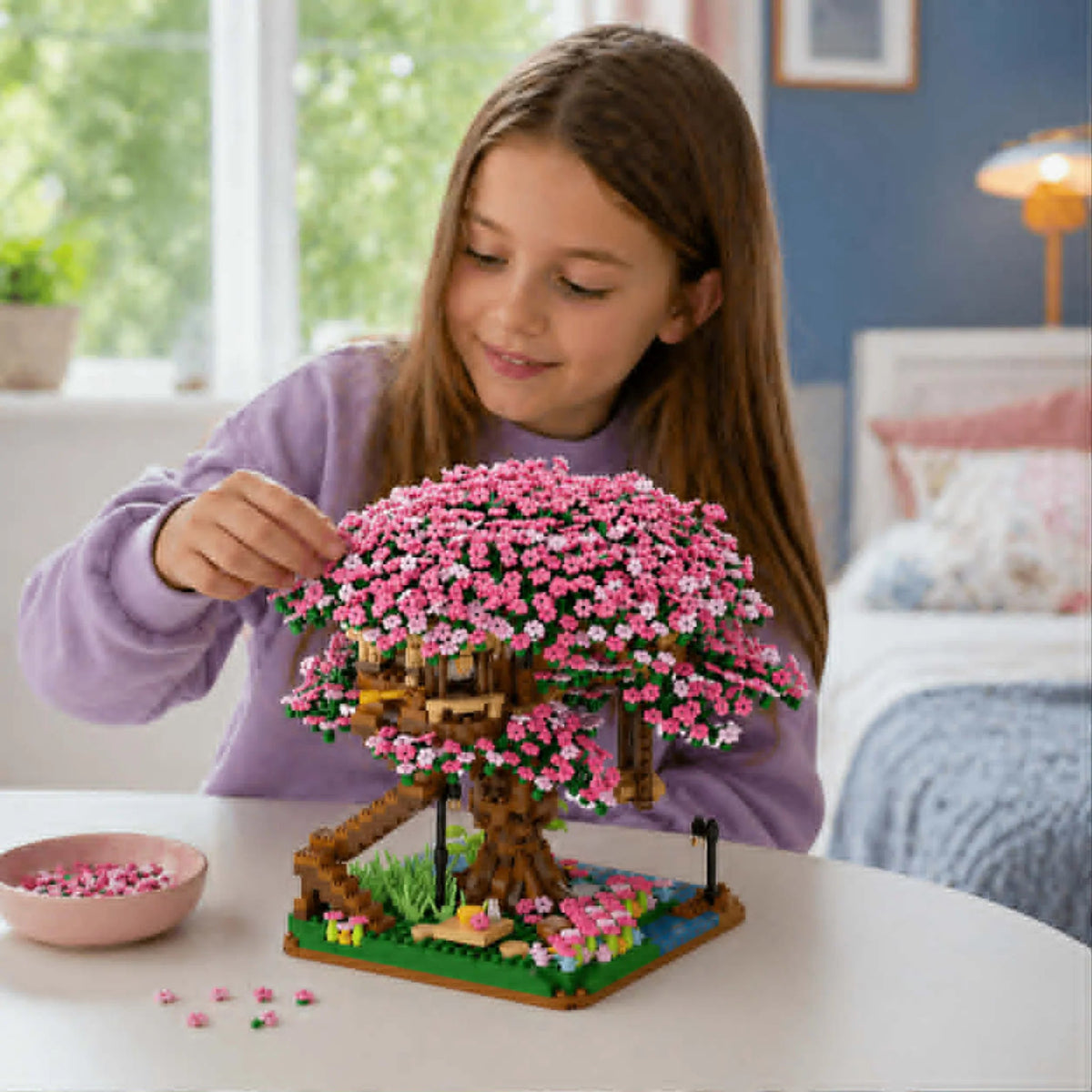Cherry Blossom Tree House Building Blocks Set featuring 2138 pieces, made from durable ABS plastic, ideal for creative assembly by kids and collectors. 4