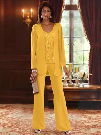 Chiffon Mother of the Bride Pantsuit with Sequined Jacket – Elegant V-Neck Floor-Length Design for Wedding
