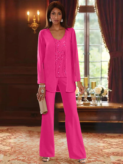 Chiffon Mother of the Bride Pantsuit with Sequined Jacket – Elegant V-Neck Floor-Length Design for Wedding