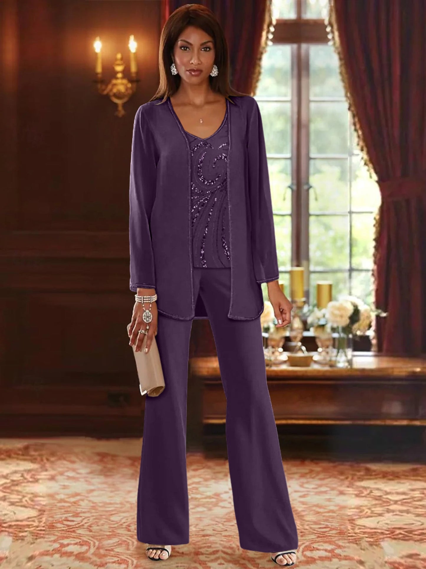 Chiffon Mother of the Bride Pantsuit with Sequined Jacket – Elegant V-Neck Floor-Length Design for Wedding