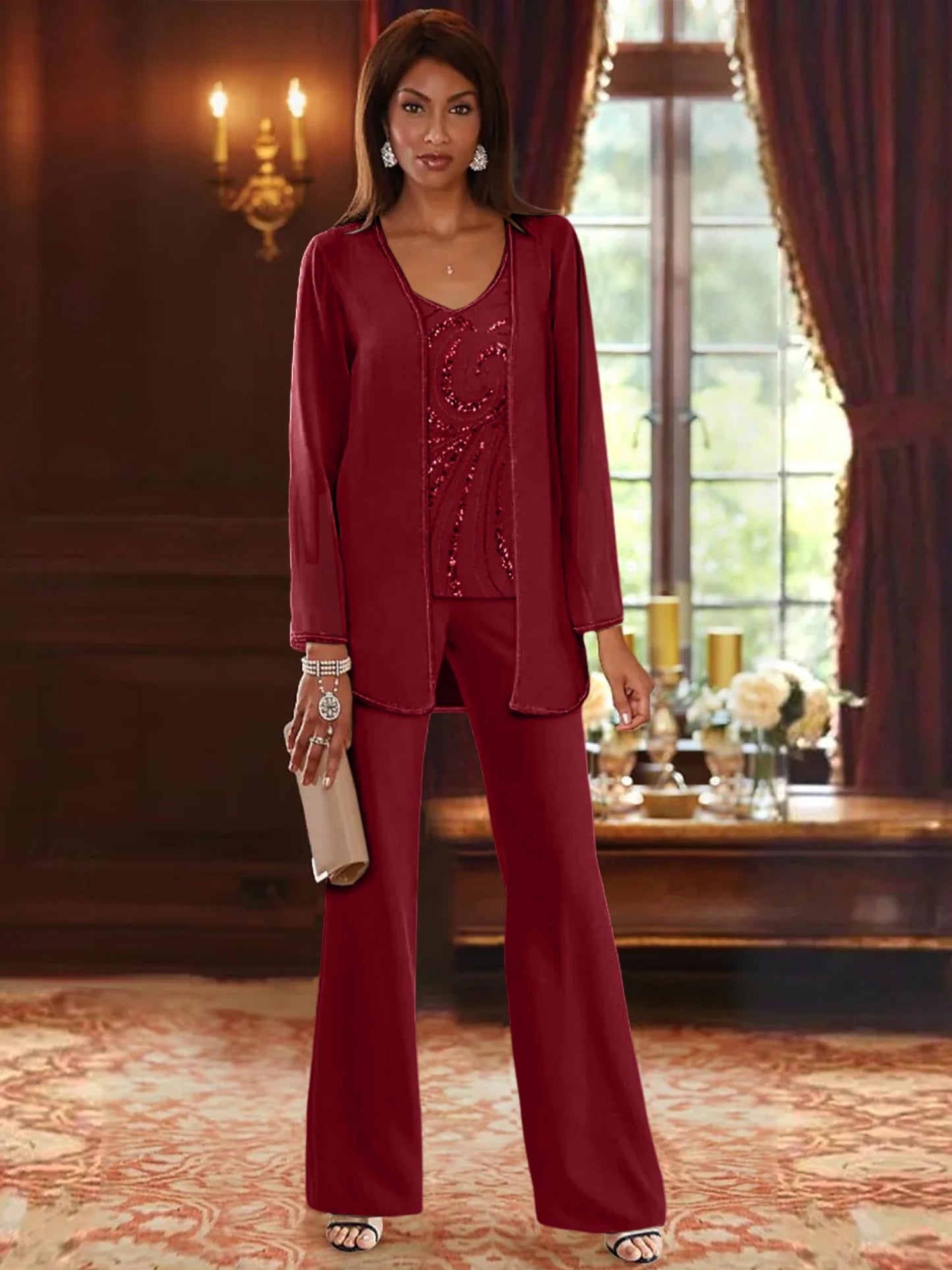 Chiffon Mother of the Bride Pantsuit with Sequined Jacket – Elegant V-Neck Floor-Length Design for Wedding