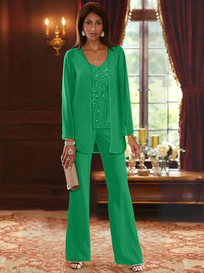 Chiffon Mother of the Bride Pantsuit with Sequined Jacket – Elegant V-Neck Floor-Length Design for Wedding