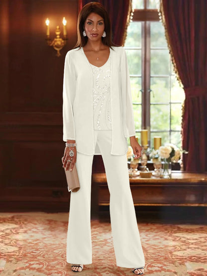 Chiffon Mother of the Bride Pantsuit with Sequined Jacket – Elegant V-Neck Floor-Length Design for Wedding