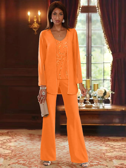 Chiffon Mother of the Bride Pantsuit with Sequined Jacket – Elegant V-Neck Floor-Length Design for Wedding