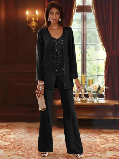 Chiffon Mother of the Bride Pantsuit with Sequined Jacket – Elegant V-Neck Floor-Length Design for Wedding