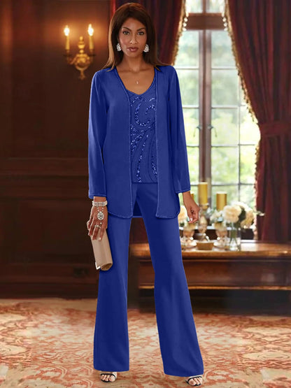 Chiffon Mother of the Bride Pantsuit with Sequined Jacket – Elegant V-Neck Floor-Length Design for Wedding