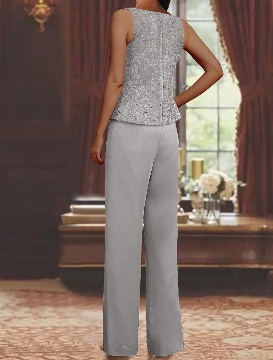 Chiffon pantsuit with jacket and sequin embellishments in silver, perfect elegant outfit for the mother of the bride. 6