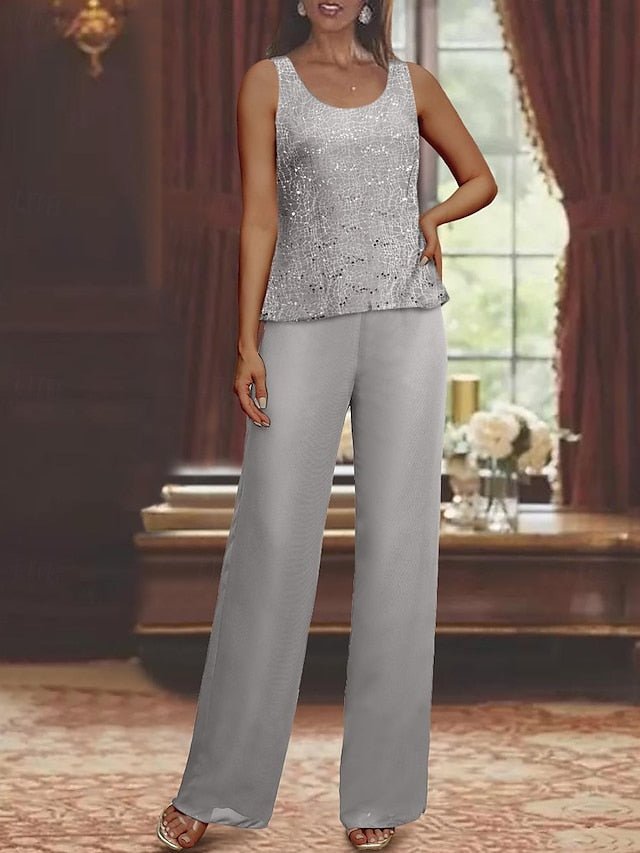 Chiffon pantsuit with jacket and sequin embellishments in silver, perfect elegant outfit for the mother of the bride. 7